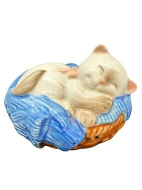Vtg Avon Sleeping Kitty Cat Figurine Laundry Basket Potpourri Sachet Collectible